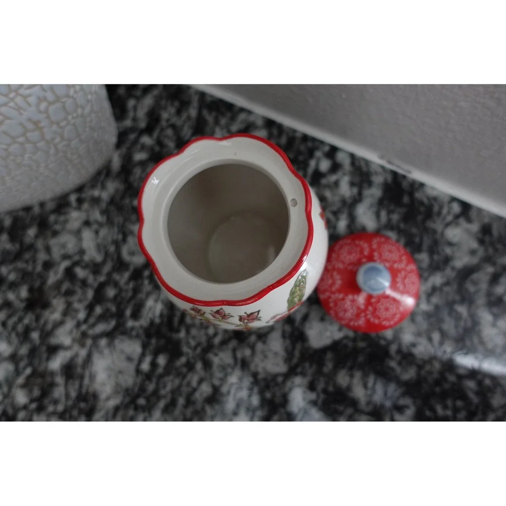 Dutch Wax Coastline‎ Imports Red Floral Handpainted Ceramic Sugar Bowl with Lid